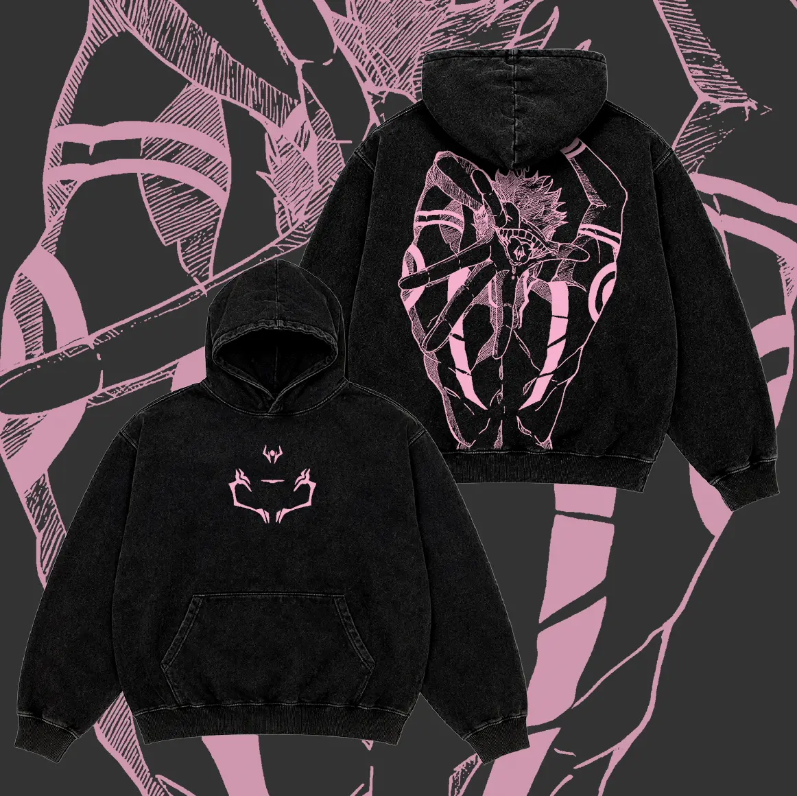 Jujutsu Kaisen Ryomen Sukuna Menswear Vintage Washed Oversized Pullover Hoodie, Double-Sided Pink Anime Manga Graphic, Long Sleeve Casual Streetwear with Kangaroo Pocket