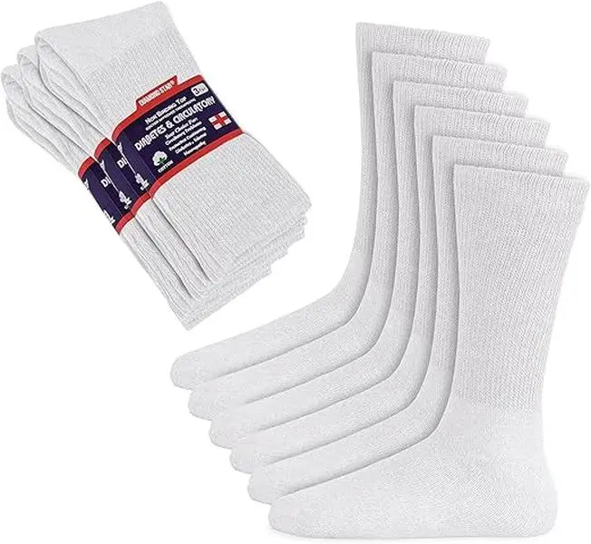DIAMOND STAR 12 Pairs Basic Breathable Compression Diabetic Socks, Non-Binding Circulatory Cushioned Cotton Crew Socks for Men (Shoe Size 13-15), White, Breathable Compression Socks