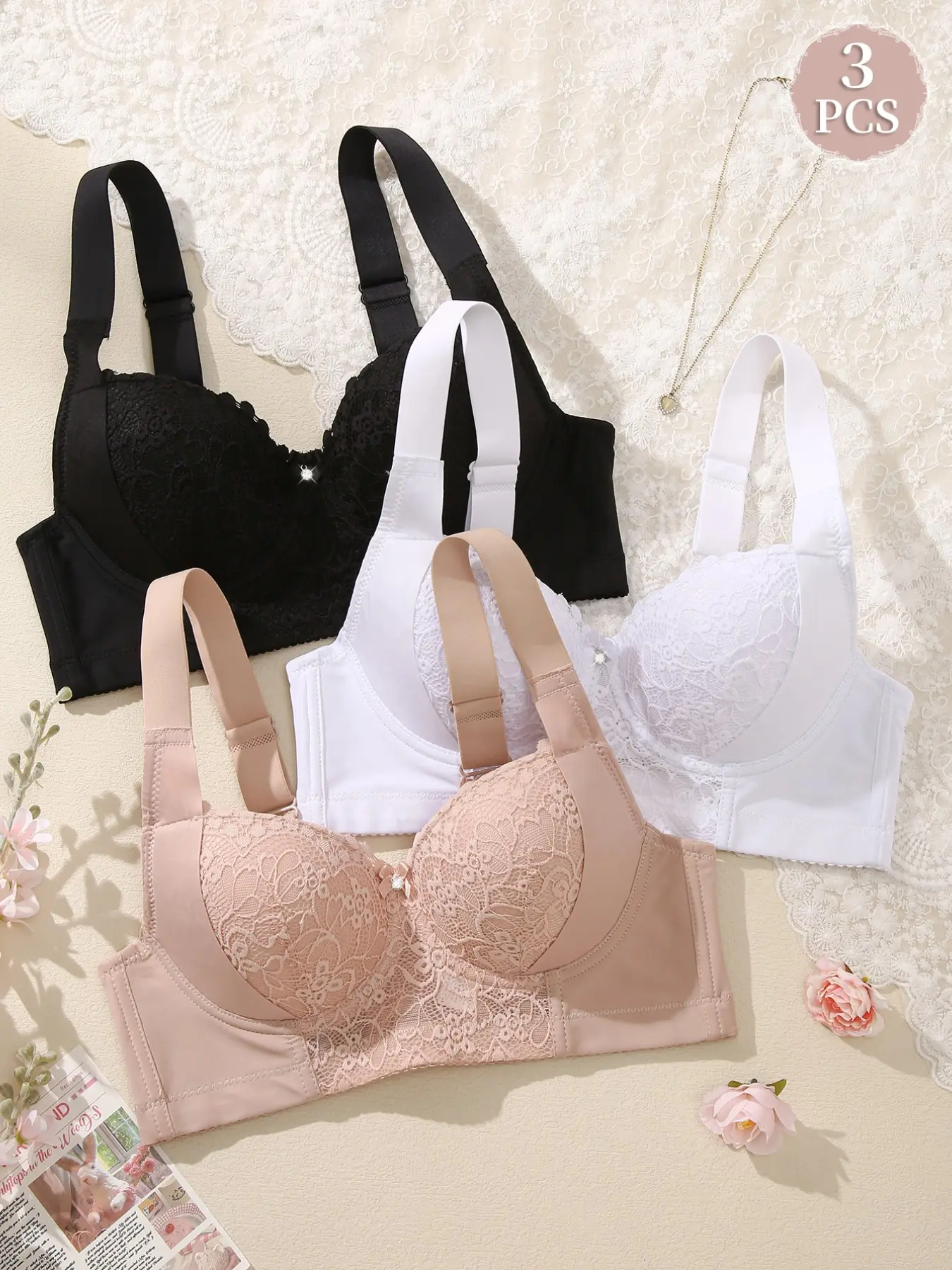 3PCS Women's Lace Push-Up Elegant Breathable Bra Underwear, Underwire Medium Support Anti‑sagging, Cover Side Breasts Slim-Fit Wide Adjustable Straps Breathable and Comfortable for Daily Wear