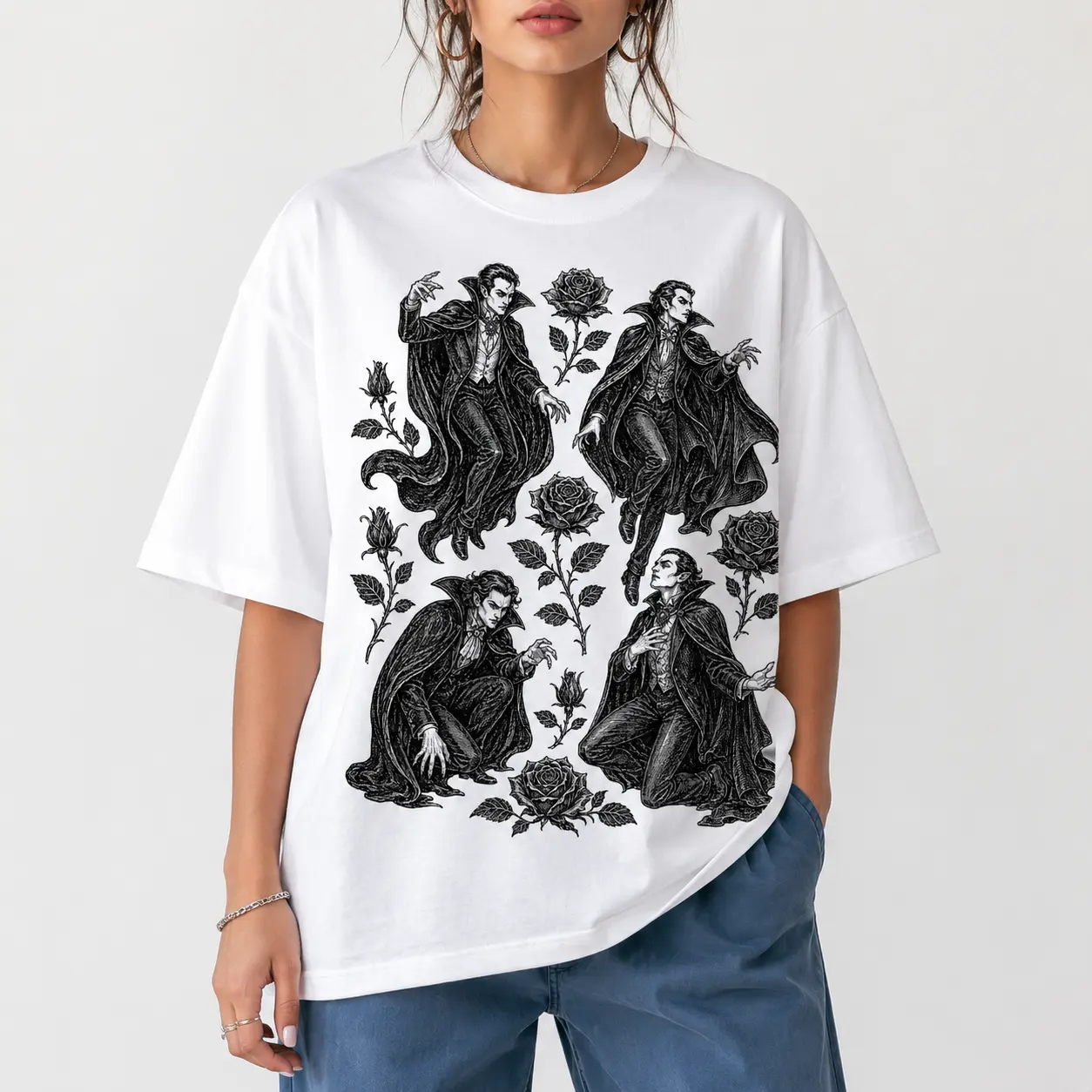 [100% Cotton] Gothic Vampire T-Shirt, Vintage Dracula Rose Graphic Tee, Dark Romantic Vampire Shirt, Black and White Horror Tshirt, Casual Short Sleeve Tee, Halloween Outfit, Gift For Gothic Fans Men Women