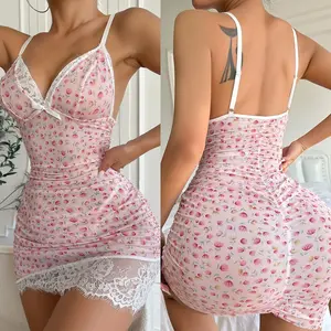 Sexy Women Lace Trim V Neck Ruched Floral Sleeveless Bodycon Clubwear Mini Dress Chemise Nightdress