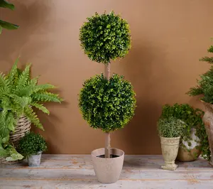 Wicker Park Indoor/Outdoor Long Boxwood 2-Sphere Topiary w/ Pot