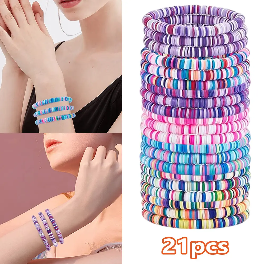Women's 21-Piece Boho Colored Bracelet Set - 6mm Polymer Clay Heishi Beads, Handmade Stackable Flexible Fit Stretch Cord Bracelets, 2.125in Diameter, for Summer Beach Parties Birthday, Casual Female Ethnic Costume Jewelry, Vinyl Discs Accents, Boho Colors