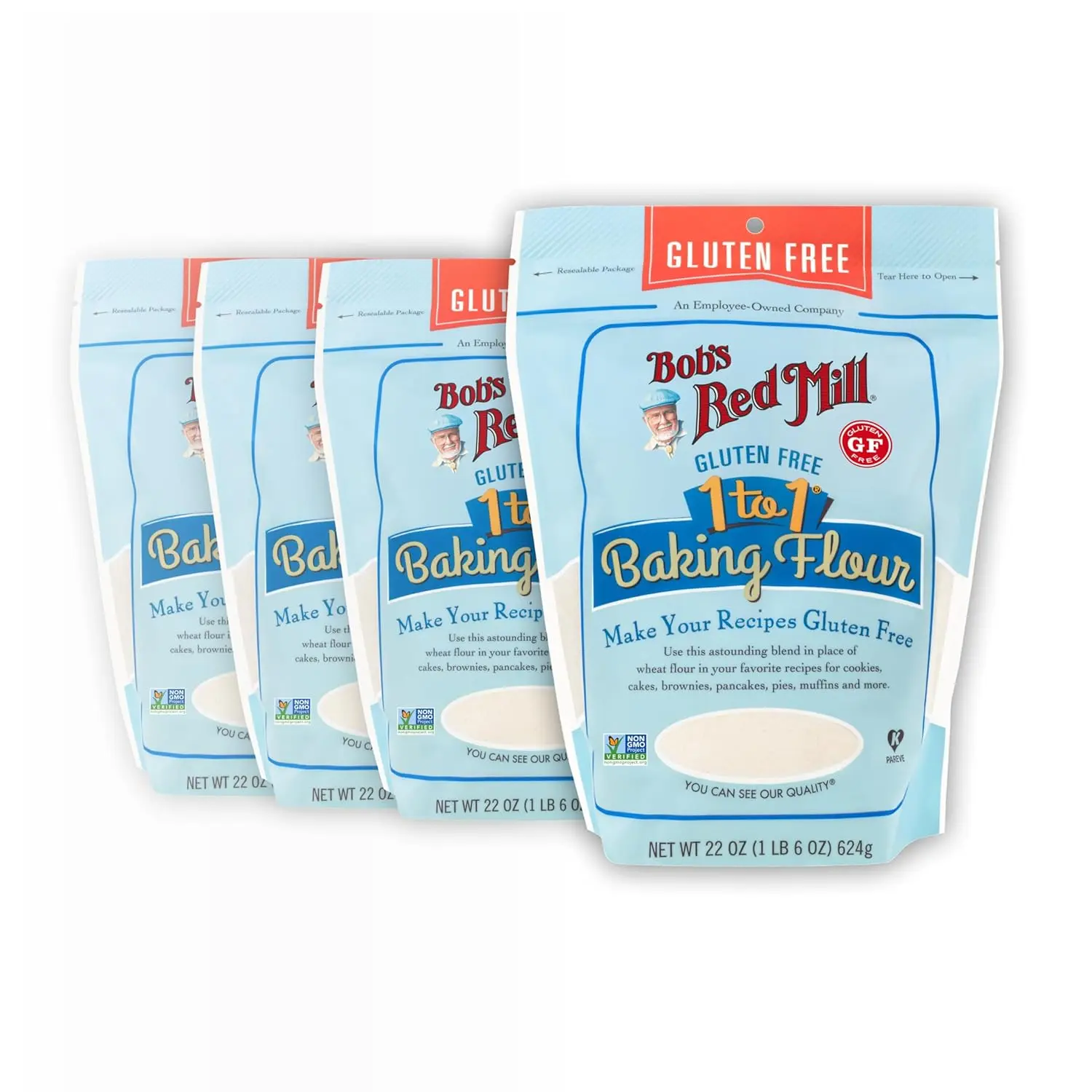Bob's Red Mill Gluten Free 1 to 1 Baking Flour, 22oz (Pack of 4) - Gluten Free, Non GMO, Vegan, Kosher