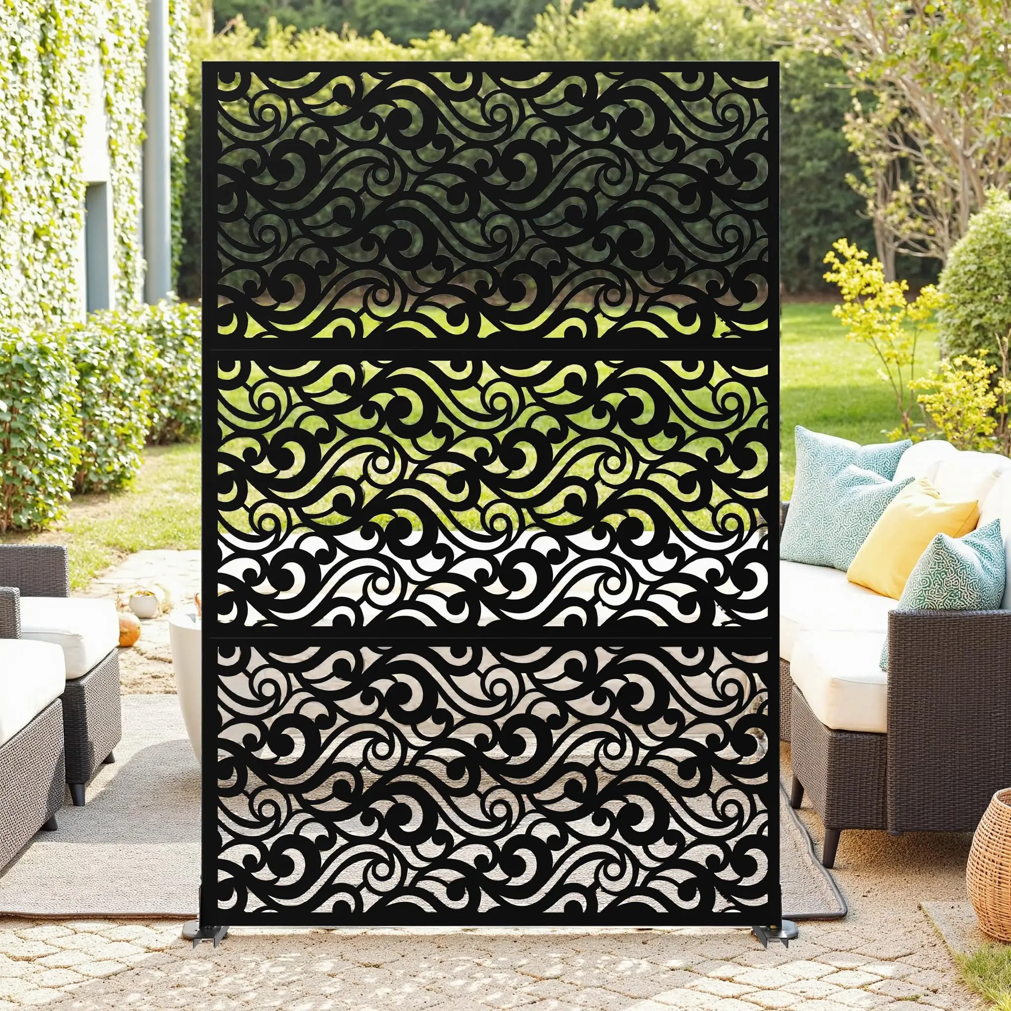 72x47 in Freestanding Metal Privacy Screen 3-Panel Set - Decorative Weatherproof Modern Black Garden Divider for Patio, Deck - Multiple Styles Available