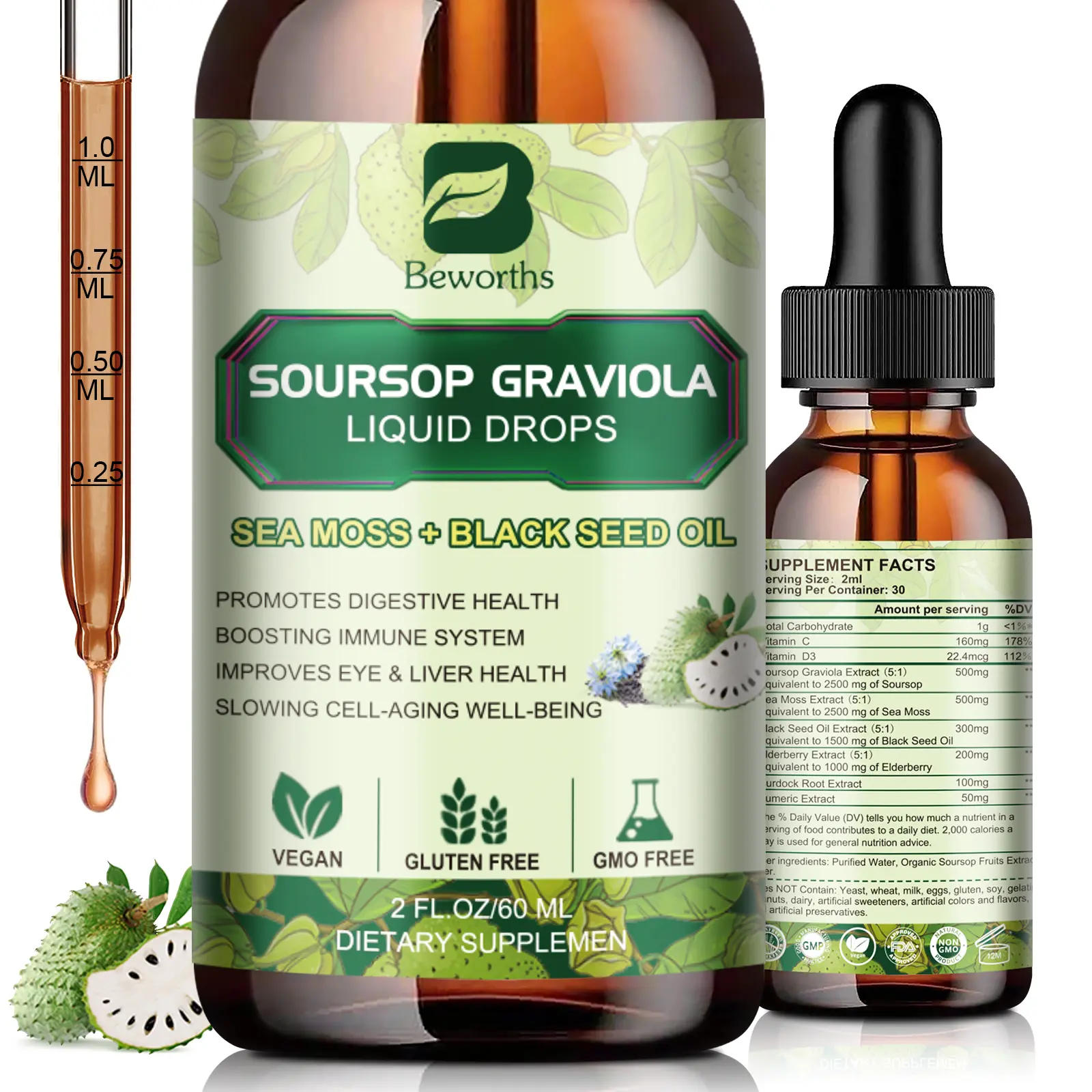 Soursop Bitters Liquid Drops with Irish Sea Moss, Black Seed Oil, Soursop Graviola Leaves Extract