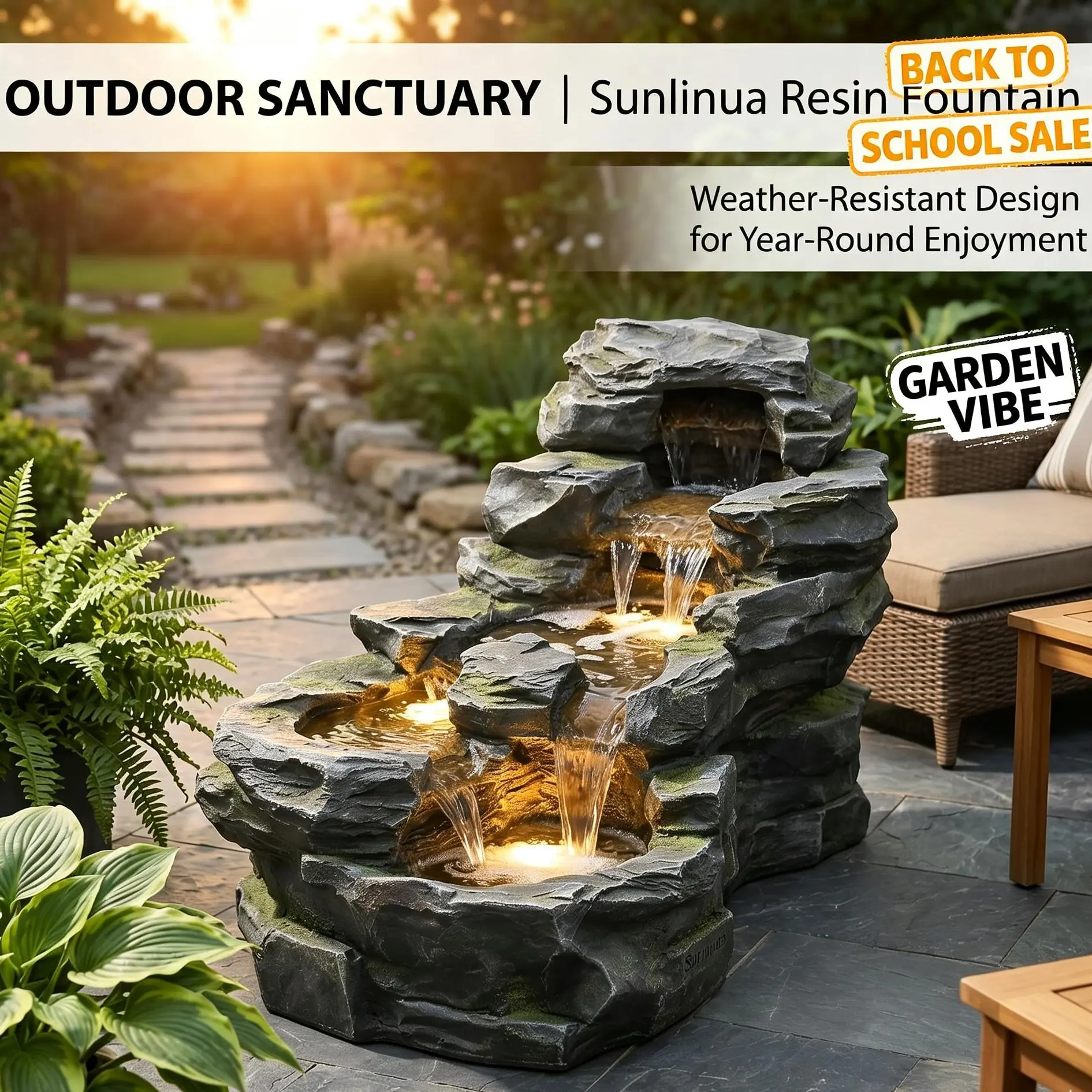2026 US Back To School Campaign  Tankana Electric Outdoor Rock Waterfall Fountain with LED Light, Cascading Waterscape Decor for Garden, Patio Home Accent, Led Lighted Fountain,dorm essentials