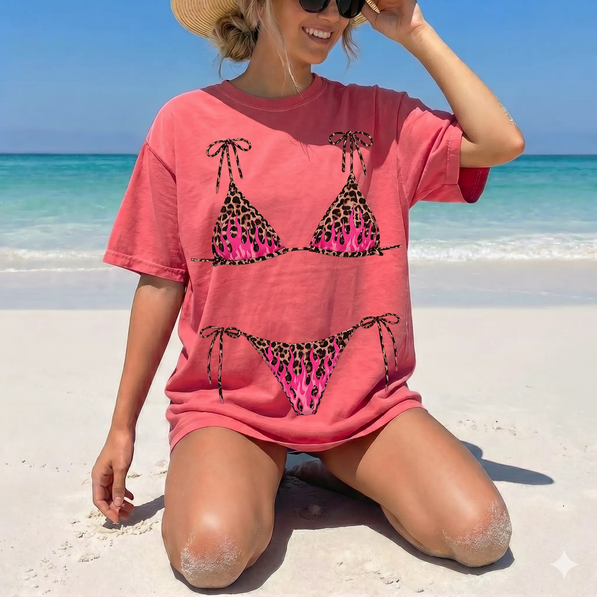 RodyThread Leopard Flame Bikini Graphic Oversized Graphic T-Shirt 