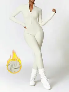 Women's Solid Zip Up Jumpsuit, Casual Sporty Long Sleeve thermal Quick-Dry Jumpsuit for Skiing Cycling, Ladies Sportswear for Fall & Winter, Yoga Gym Workout Running Wear, 3D Structural Seam Design, Quick Drying Jumpsuit