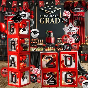 Graduation Decorations Class of 2026 - Red and Black Graduation Decorations - Balloons Boxes with Letters 2026 GRAD So Proud of You, Congrats Grad Party Decorations for Any Grades