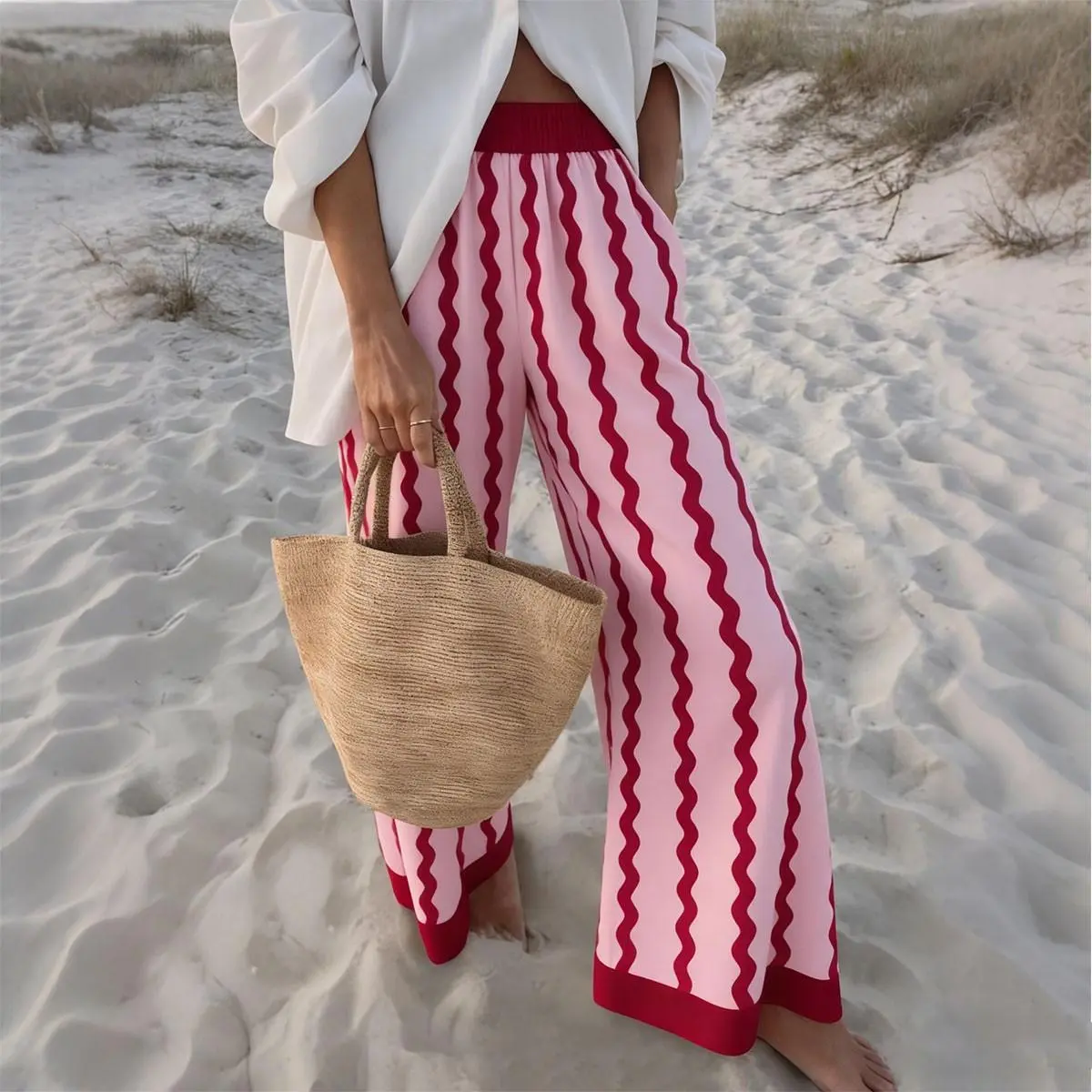 Vibrant Wave-Stripe Wide-Leg Pants | Summer Vacation Palazzo Trousers in Striking Color Block