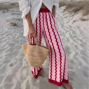 Vibrant Wave-Stripe Wide-Leg Pants | Summer Vacation Palazzo Trousers in Striking Color Block