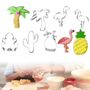 Set of 6 Stainless Steel Cookie Molds Set, Hawaii Theme with Cactus, Pineapple, Flamingo, Monstera Leaf and Palm Tree Tropical Cookie Cutters Molds Kitchen Accessories Perfect for Festive Baking bakeware
