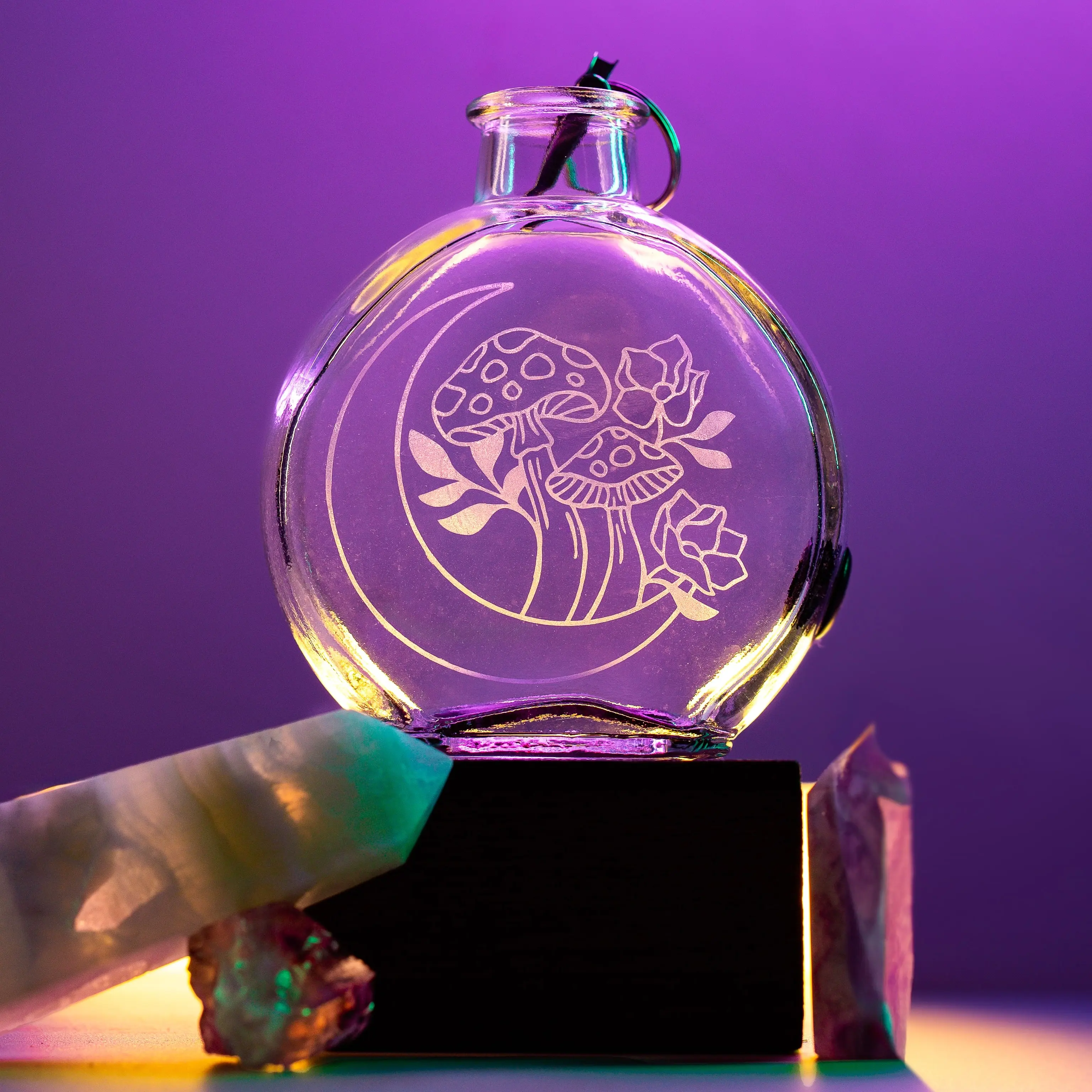 Mushrooms and Moon Incense Glass Bottle Burner by AmaZen Glass Co