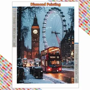 Winter London Cityscape 5D Full Drill Diamond Painting Kit Round Drill Rhinestone Art, Snowy London Eye & Big Ben with Red Double Decker Bus, DIY Wall Decor for Home & Living Room