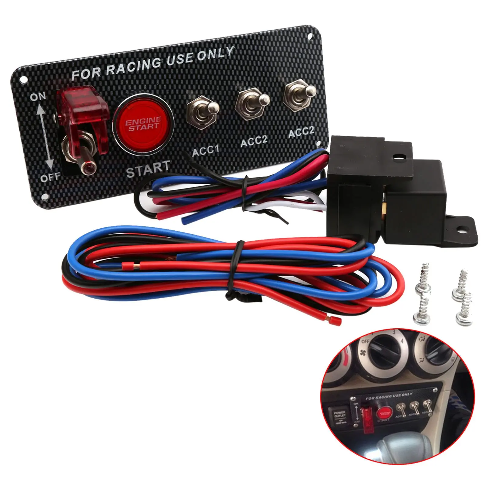5-in-1 Aluminum Alloy Carbon Fiber Ignition Switch Panel, 12V 30A Racing Car Engine Start Push Button with Red LED Light, Easy-Install Toggle Switches Auto Replacement Part for Race Cars, RVs with Installation Guide