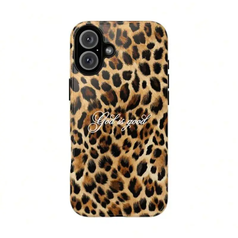 God Is Good Leopard Print Tough Phone Case Faith-Inspired 2-Piece Protective Cover Gift Designed for iPhone 11-17 Pro Max/Plus & Samsung Galaxy S23-S25