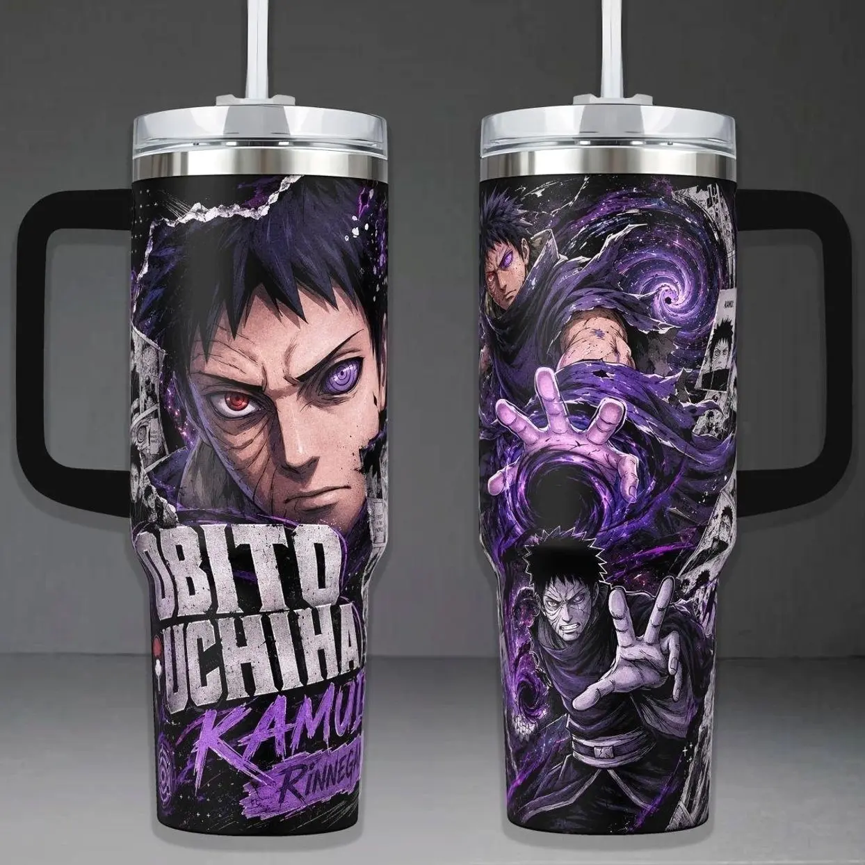 Obito Uchiha Kamui Tumbler, NRT Anime 40oz Cup with Handle & 20oz Travel Mug. Anime Fan Gift, Uchiha Obito Inspired Insulated Tumbler Featuring Rinnegan & Sharingan Power Graphic Design.