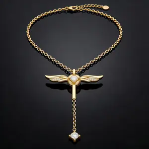 18K Gold Plated Stainless Steel Angel Wing Cross Y-Drop Necklace for Women, Lariat Design with Sparkling Cubic Zirconia, Hypoallergenic Waterproof Tarnish-Free Christian Jewelry, Adjustable, Perfect Valentine's Day, Anniversary, Birthday Gift for Her