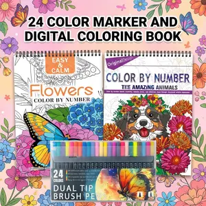 2pcs Digital Drawing Coloring Books with 24 Markers, Drawing Art Supplies - Beginner-Friendly A4 Spiral Bound Art Therapy for Adults - Animal & Flower Themes on Thick Paper - Patterns for Mindfulness & Leisure Gift for Holidays Coloring Books Set