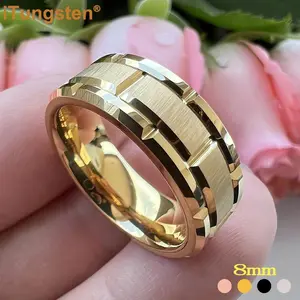 iTungsten 8mm Mens Tungsten Wedding Ring Brick Pattern Black Plated Brushed Finish Engagement Band Comfort Fit