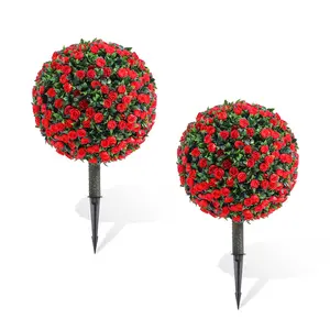 Artificial Red Rose Topiary Trees 2pcs – Realistic UV Resistant PE Flowers & Foliage – Indoor Outdoor Decorative Faux Plants – Metal Stakes – Perfect for Home, Garden, Porch, or Office