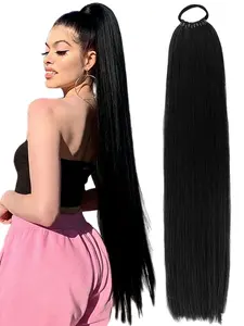 32" Extra Long Straight Synthetic Ponytail Extension, Braided Ponytail Extension with Elastic Band, Elegant Black Synthetic Hairpieces for Women, Natural Soft Fiber, Multi-Racial Fit
