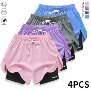 Pack of 4 women’s casual athletic pants, faux two-piece design, solid color, lined, drawstring elastic waistband; suitable for outdoor fitness, running, and casual wear; women’s shorts, summer clothing,summervibes