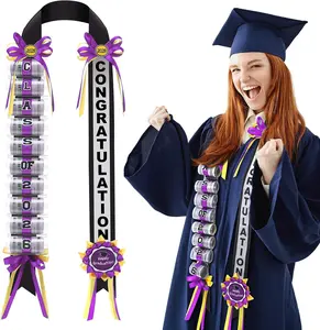 Lyrow Graduation Money Lei Class of 2026 Ribbon Lei Gift Graduation Cash Gifts Pull Ideas for High School College Party Supplies(Purple and Gold,Classic)