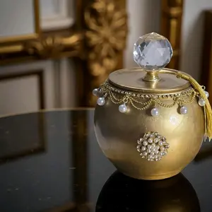 Handcrafted Large 24 oz Embellished Cosmetic Dusting Powder Container with Crystal Lid and Pearl Accents