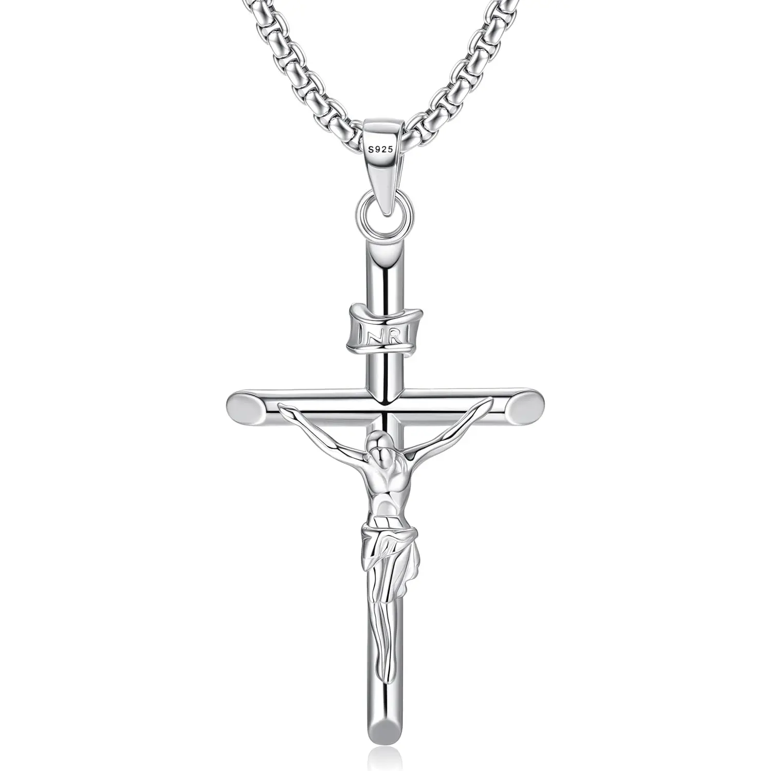 Milacolato 925 Sterling Silver Crucifix Cross Statement Necklace, Unisex Hypoallergenic Religious Jewelry on a 2mm Rolo Long Chain, 16-24 in, Cross Necklaces, Large Pendant