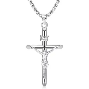 MILACOLATO 925 Sterling Silver Crucifix Necklace for Men Women, 2mm Sterling Silver Rolo Chain with Small or Large Crucifix Pendant, Jesus Crucifix Cross Necklace 16-24 Inches Christian Religious Jewelry Gifts