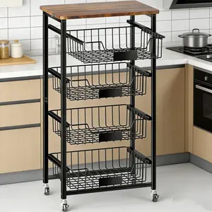 Kitchen 5-Tier Storage Cart on Wheels with Wooden Top and Metal Baskets for Organized Cooking