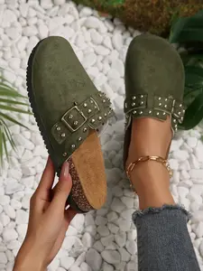 New Spring Summer Caramel Color Rivet Mules for Women, Round Toe Buckle Soft Rubber Sole Lazy Slippers, Versatile Commute Outdoor Sandals