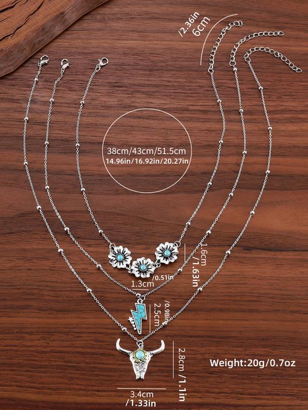 3 Pcs/set Women's Turquoise Western Cowboy Vintage Necklace Set, Multi-Element Pendant Jewelry Gift for Women & Girls, Party Style Accessories, Exquisite Jewelry Gift