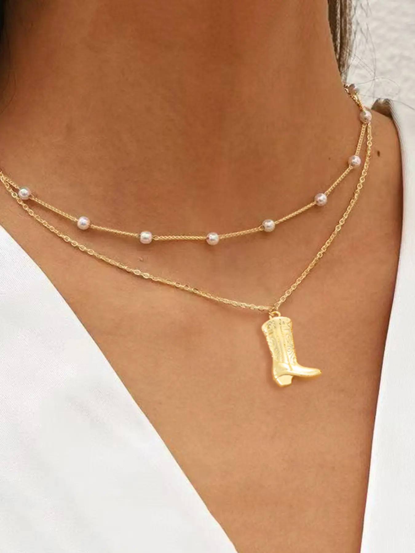 2Pcs/set Multiple Styles Western Cowboy Hat Boot Horseshoe Pendant Necklace Women Vintage Classic Stainless Steel Chain Layered Necklaces Dainty Layering Jewelry For Women Necklace Layering Clasp Chain Link Necklace