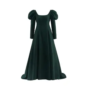Women Jane Austen High Waist Low Neck Dark Green Regency Dress Medieval Renaissance Princess Cosplay Green Velvet Regency Dress