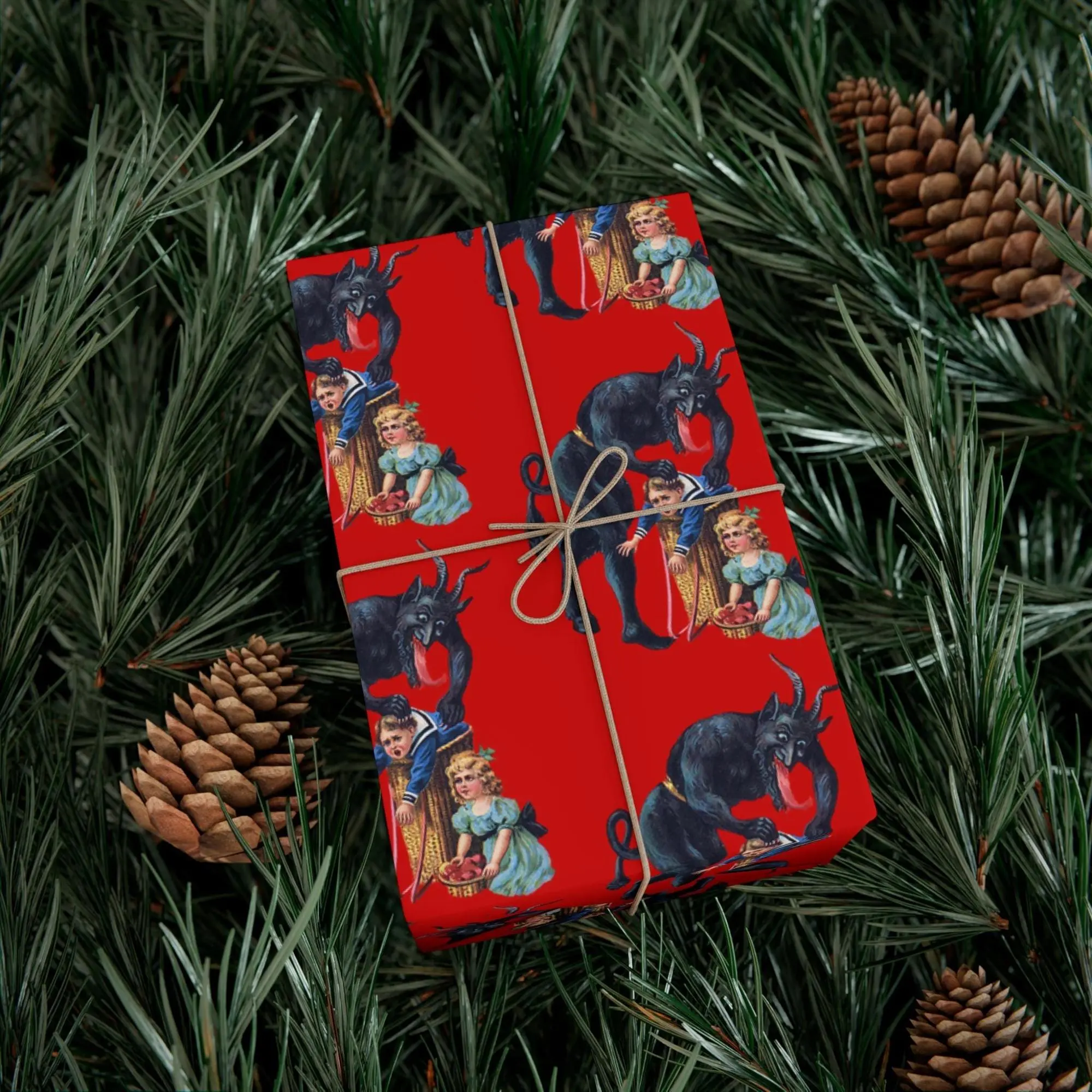 Krampus Wrapping Paper, Gothic Christmas Gift Wrap with Evil Goat Demon Design