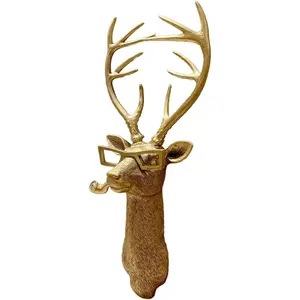 Faux Deer Head Mount Resin Animal Head Wall Hanging Sculpture Decoration for Living Room Bedroom Kitchen Gift