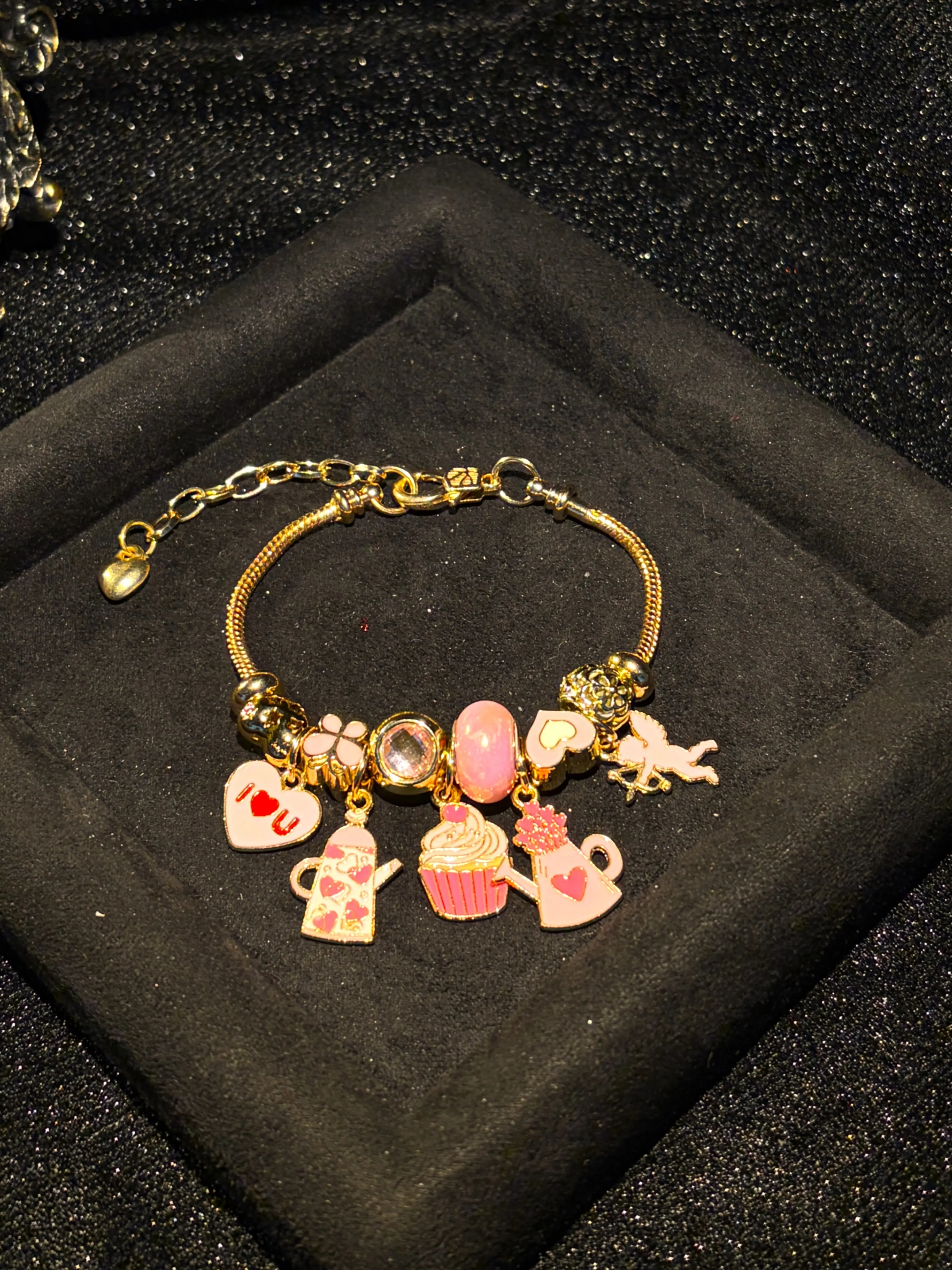 Women's Gold-Tone Charm Bracelet - Adjustable Costume Jewelry with Sweet Pink Cupcake, Teapot Beads & Romantic Heart Angel Pendant, Gift for Women