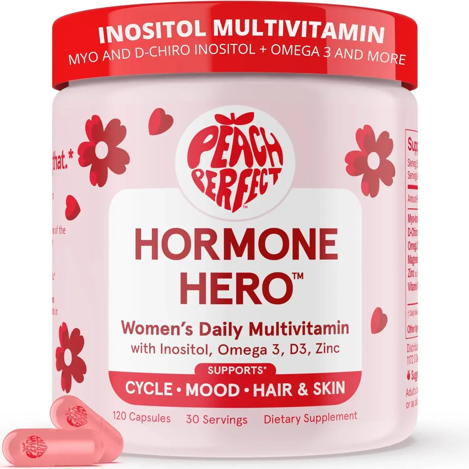 Peach Perfect Happy Hormones PCOSMultivitamin - Myo-Inositol & D-Chiro Inositol,Omega 3, Zinc, Vit D, 120 Capsules, Acne Support& Energy Supplement, GMO Free, EssentialVitamins & Minerals