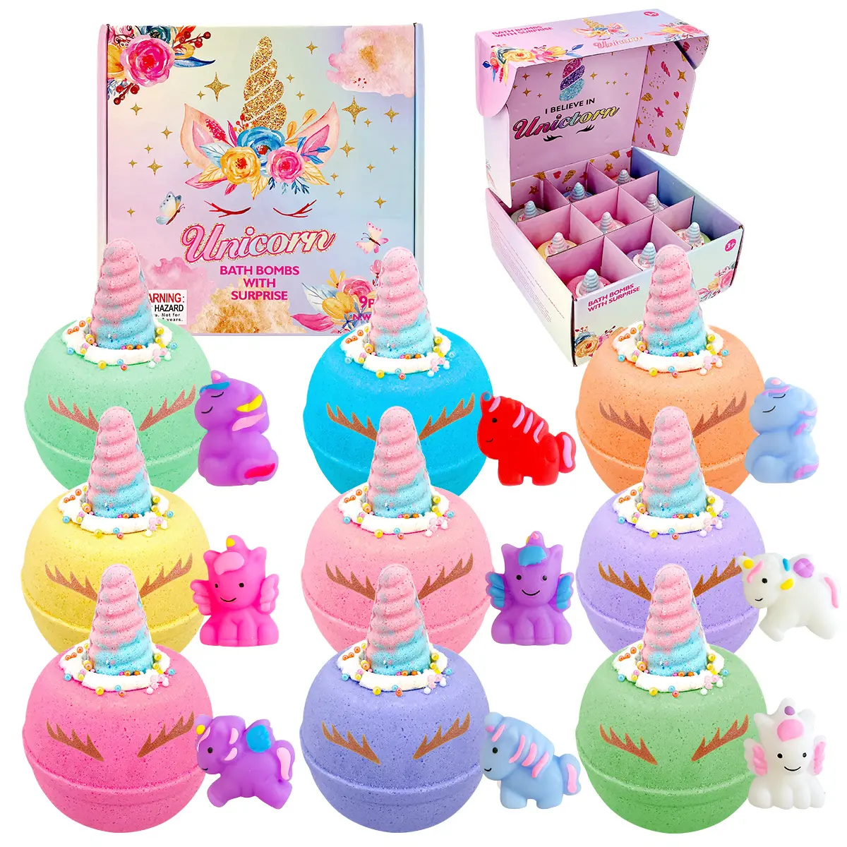 9 Pack Natural Handmade Unicorn Bath Bombs With Squishy Toys Inside, Organic Bubble Bath Gift Set, Bath Salt Set For Girls