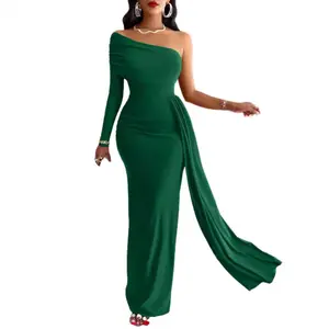 Asymmetrical Gown - One-Shoulder Evening Dress Fabric Formal Satin Slit Womenswear Basic Dark Green Long Sleeve Minimalist