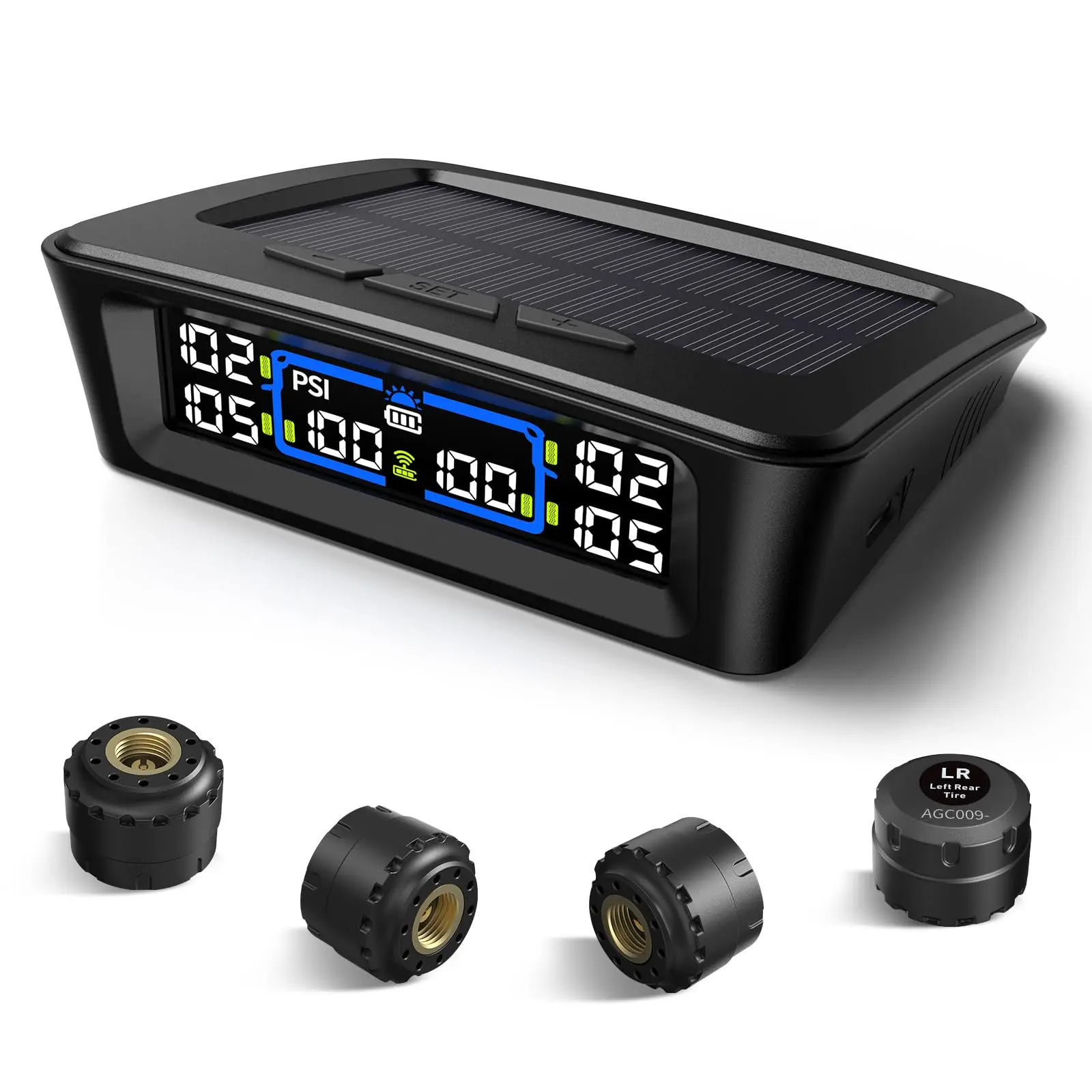 Tymate TM12 RV TPMS Tire Pressure Monitoring System, 6 Sensors & 6-Tire Display, Max 12 Tires Monitoring, 6 Alarm Modes, Solar and USB Dual Charging, 50FT Long Range, 0-144PSI, Waterproof Replacement Sensors with Metal Valve Caps for RV, Trailer, Camper