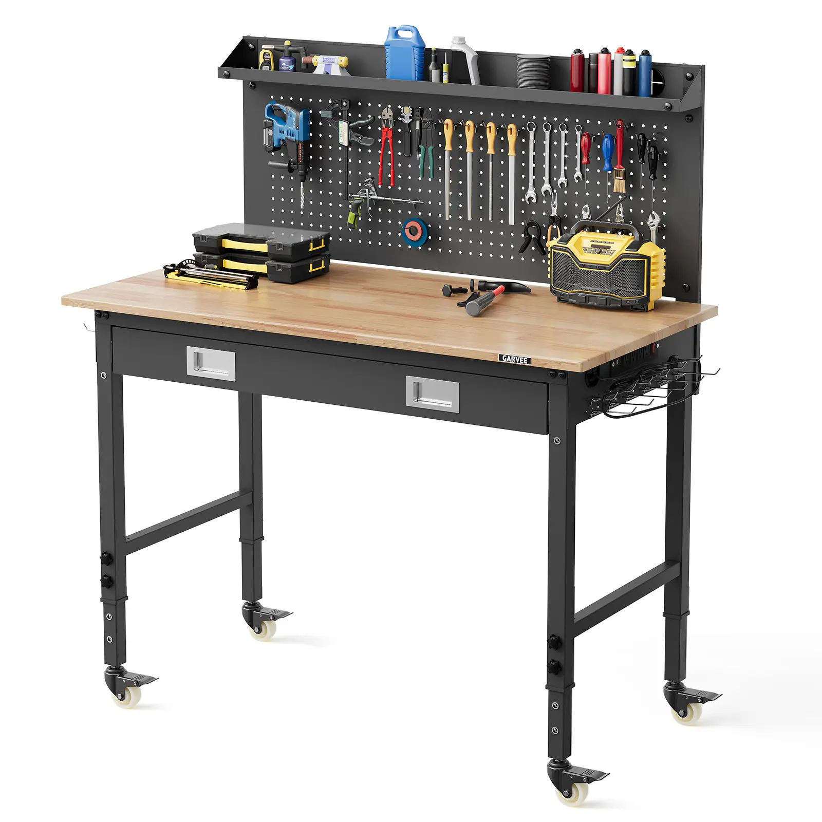 Garvee 48" Heavy Duty Workbench with Large Pegboard, Adjustable Work Bench with Power Outlets, Drawer & Lockable Wheels, Rubber Wood Work Table for Garage, Workshop, Office, Home
