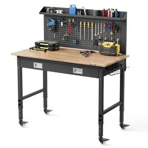 48x24" Heavy Duty Garage Workbench with Pegboard & Drawer, 2000 lbs Capacity Adjustable Height Work Table, Rubberwood Top Table with LED Light Strip & ETL Outlets