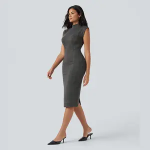 Halara High Neck Sleeveless Bodycon Houndstooth Plaid Midi Work Dress