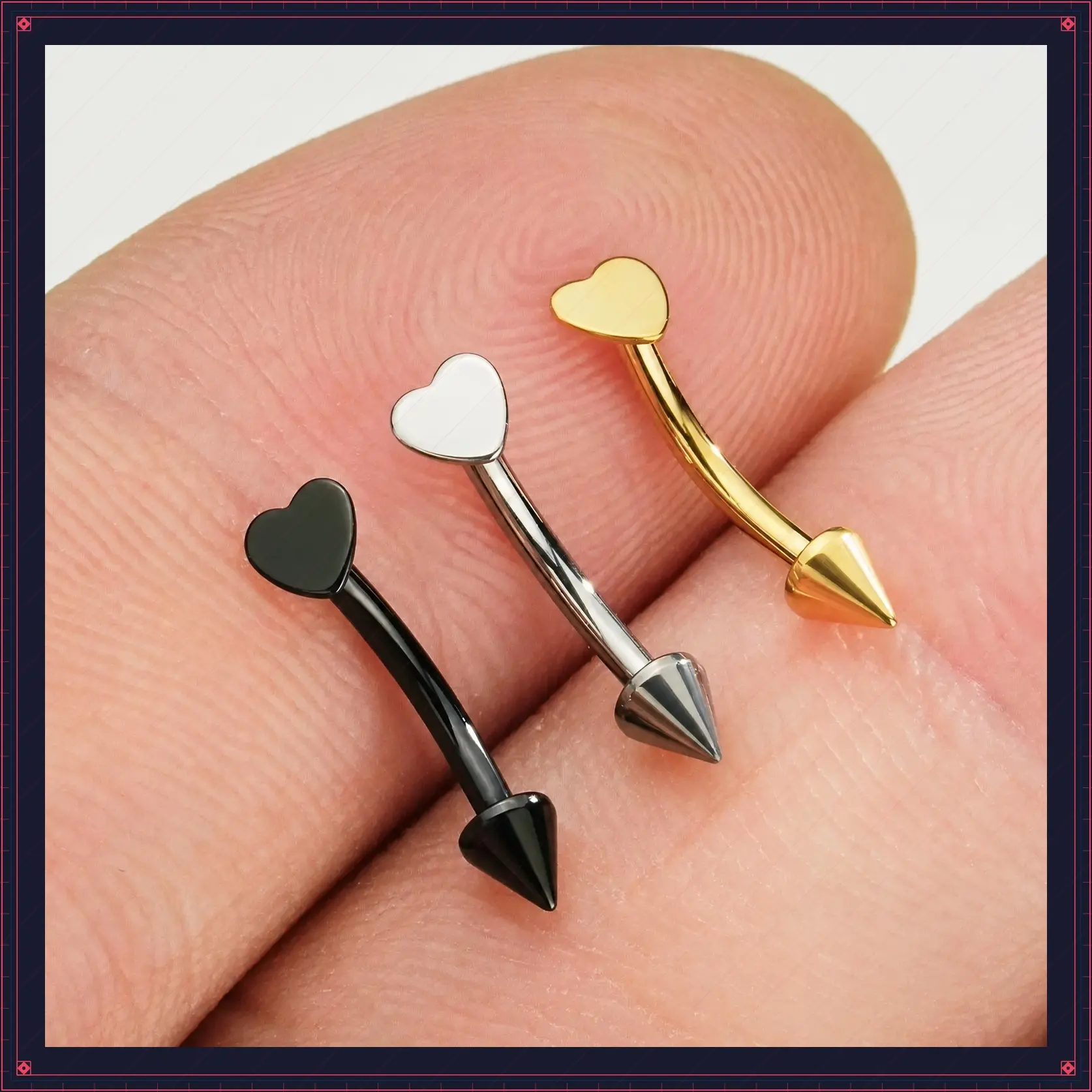 OUFER 16G Unisex Titanium 6Al4V Eyebrow Ring Piercings - 1.2mm Externally Threaded, Hypoallergenic Body Jewelry with Cute Heart&Spike Flat Charm, 8mm Everyday Piece for Rook, Vertical Labret