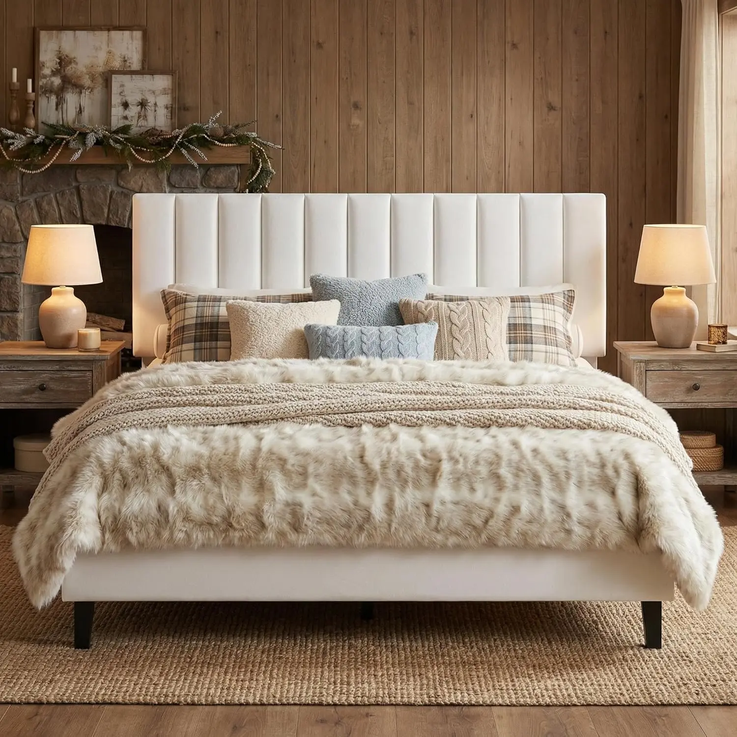 Velvet Upholstered Platform Bed Frame - Multi-Size (Full/Queen/King) Bedroom Decor Apartment Furniture with Adjustable Vertical Channel Tufted Headboard, Sturdy White Construction, USB Outlet, No Box Spring Needed, Height Adjust, Simple Setup