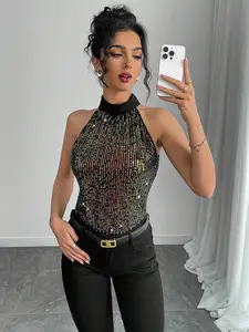 Women's Sequin Halter High Neck Sleeveless Short Top, Trendy Luxe Style, Shiny Unique Look, Perfect for Parties, Vintage, Daily Fashion, Womenswear